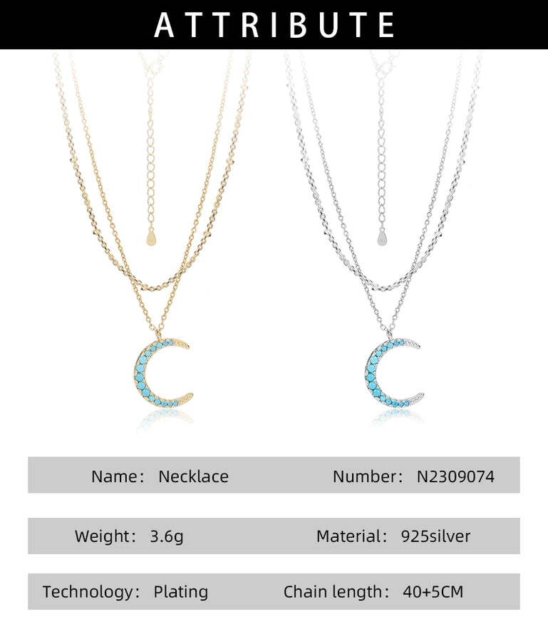 925 Sterling Silver 925 Sterling Silver Rack Plated Plated Long-Lasting Plated Zircon cable chain Inlay Moon Double Layer Necklaces