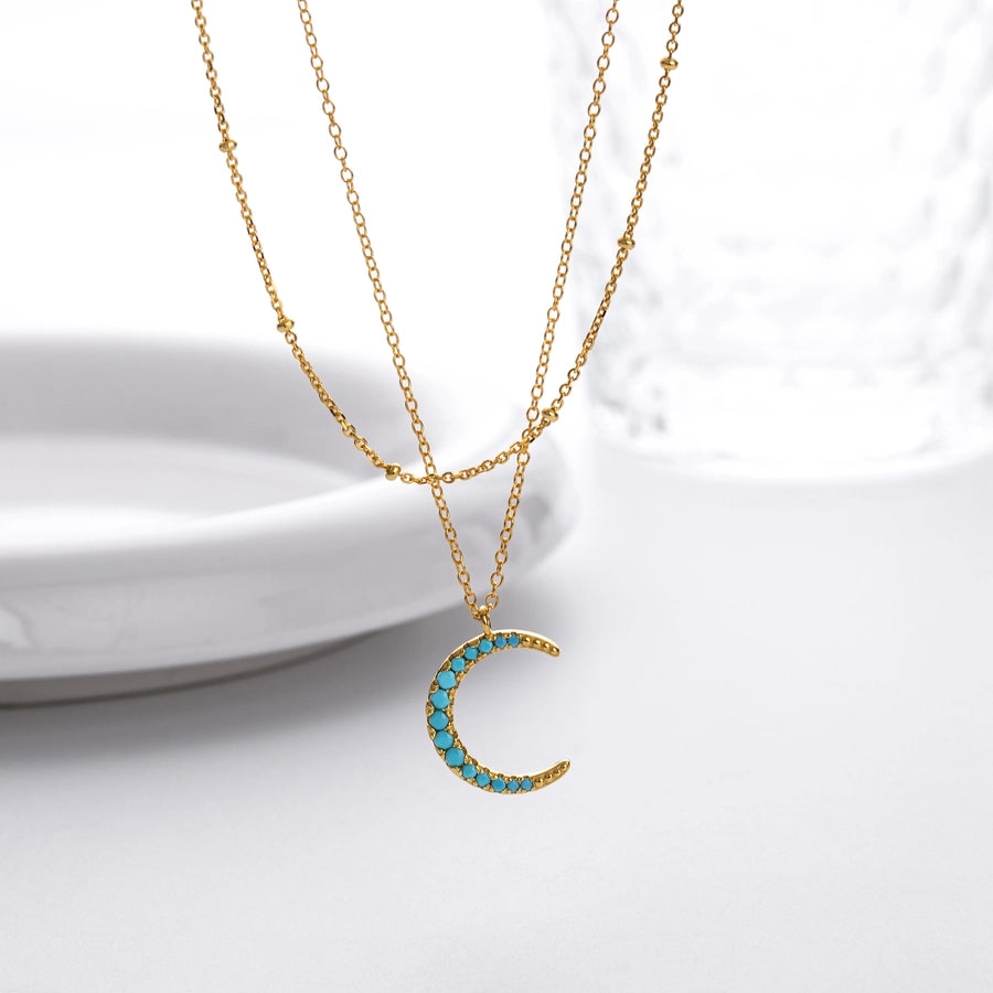 925 Sterling Silver 925 Sterling Silver Rack Plated Plated Long-Lasting Plated Zircon cable chain Inlay Moon Double Layer Necklaces