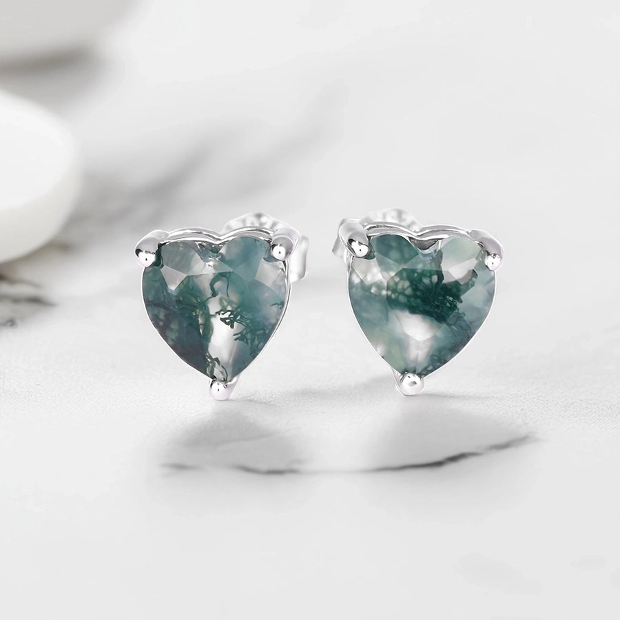 One S925 Sterling Silver Moss Agate Love Heart Stud Earrings Ring Necklace Fresh Water Plants Agate Heart-Shaped Vintage Fine Jewelry Suit