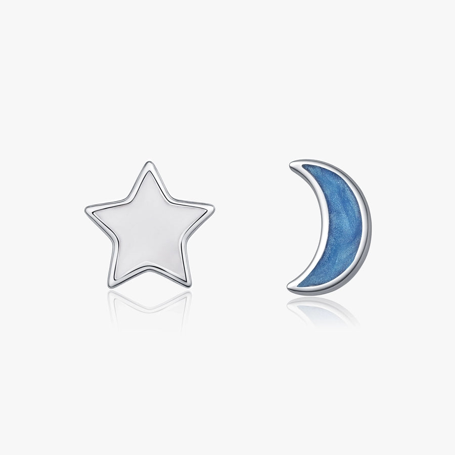 1 Pair Rhodium Plated 925 Sterling Silver 925 Sterling Silver Earrings Star Moon Ear Studs