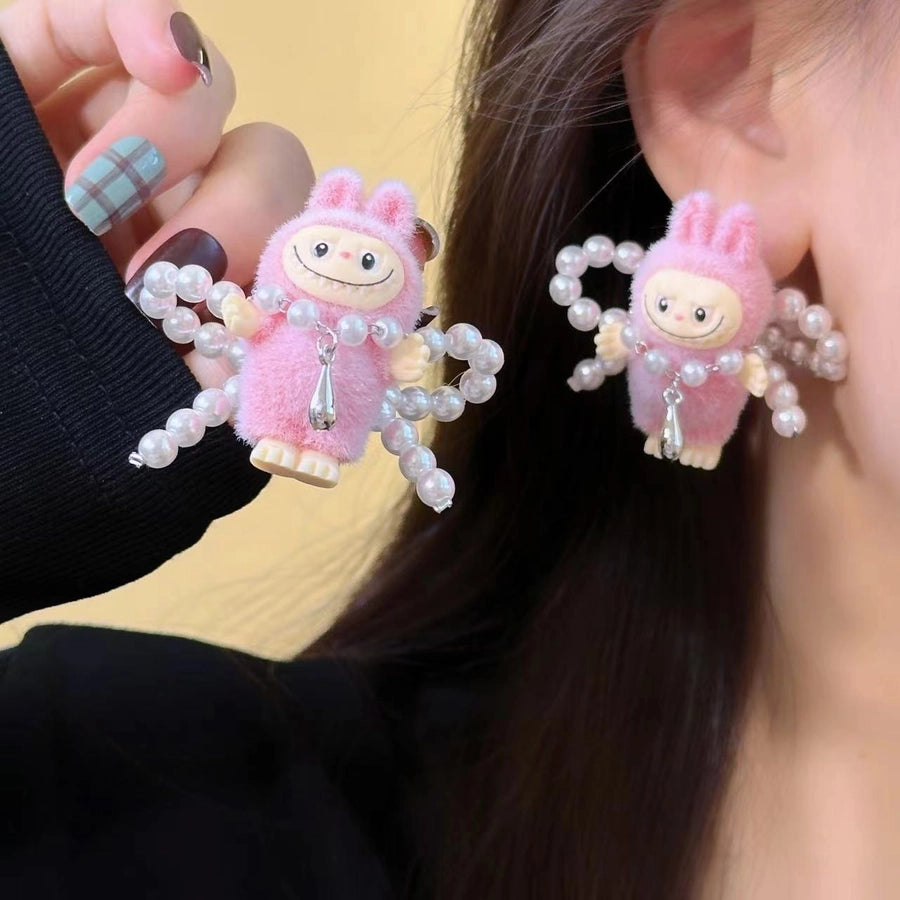 1 Pair Imitation Pearl Flocking 925 Sterling Silver Earrings Cartoon Character Ear Studs