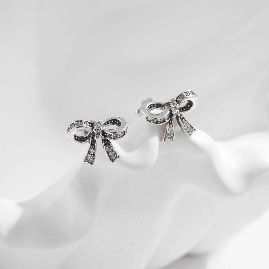 1 Pair Rhodium Plated 925 Sterling Silver Zircon 925 Sterling Silver Earrings Bow Knot Ear Studs