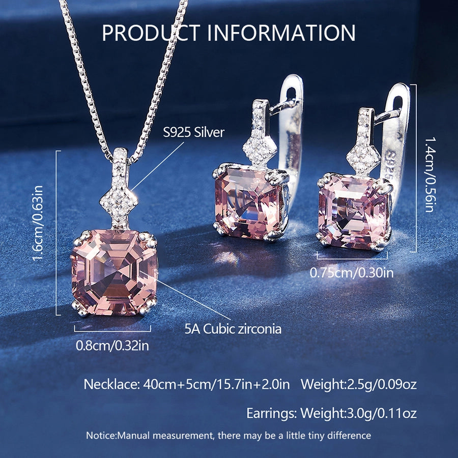 1 Set Luxury 925 Sterling Silver High Quality Zircon Necklace and Earrings Suit Inlaid Shiny Square Cut 5A Square Crystal Zircon Elegant Jewelry Suitable for Women to Wear on Date/Wedding/Engagement/Anniversary/Valentine's Day