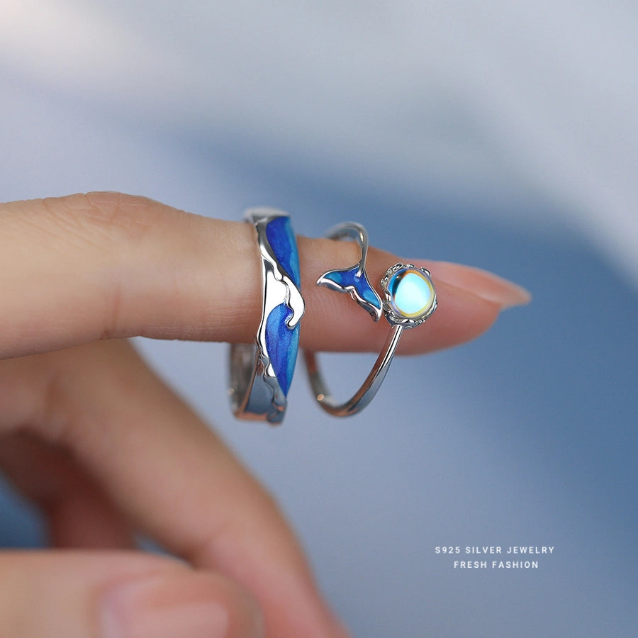 925 Sterling Silver Artificial Moonstone Sea Wave Fish Tail Whale Open Rings 925 Sterling Silver Rings