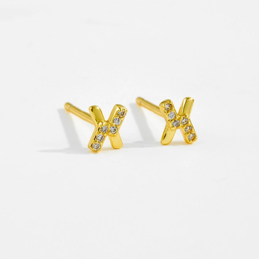 1 Pair 18K Gold Plated White Gold Plated 925 Sterling Silver Zircon 925 Sterling Silver Earrings Letter Ear Studs