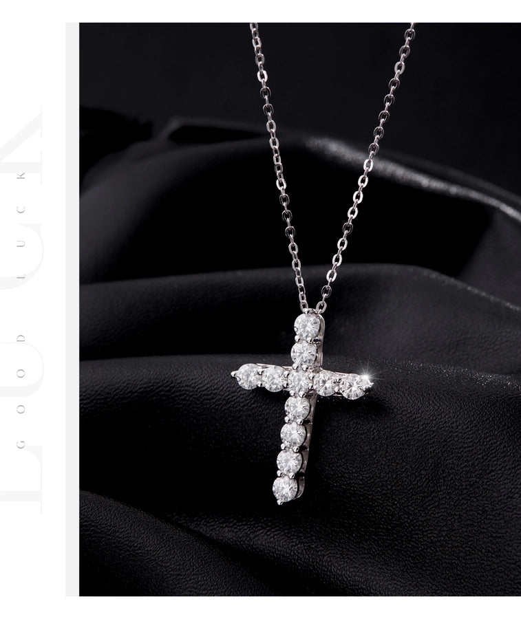 2.2 Karat VVS1-VVS2 Round Brilliant Cut 925 Sterling Silver 925 Sterling Silver Rack Plated Moissanite cable chain Inlay Cross Moissanite GRA Certificate Pendant Necklace