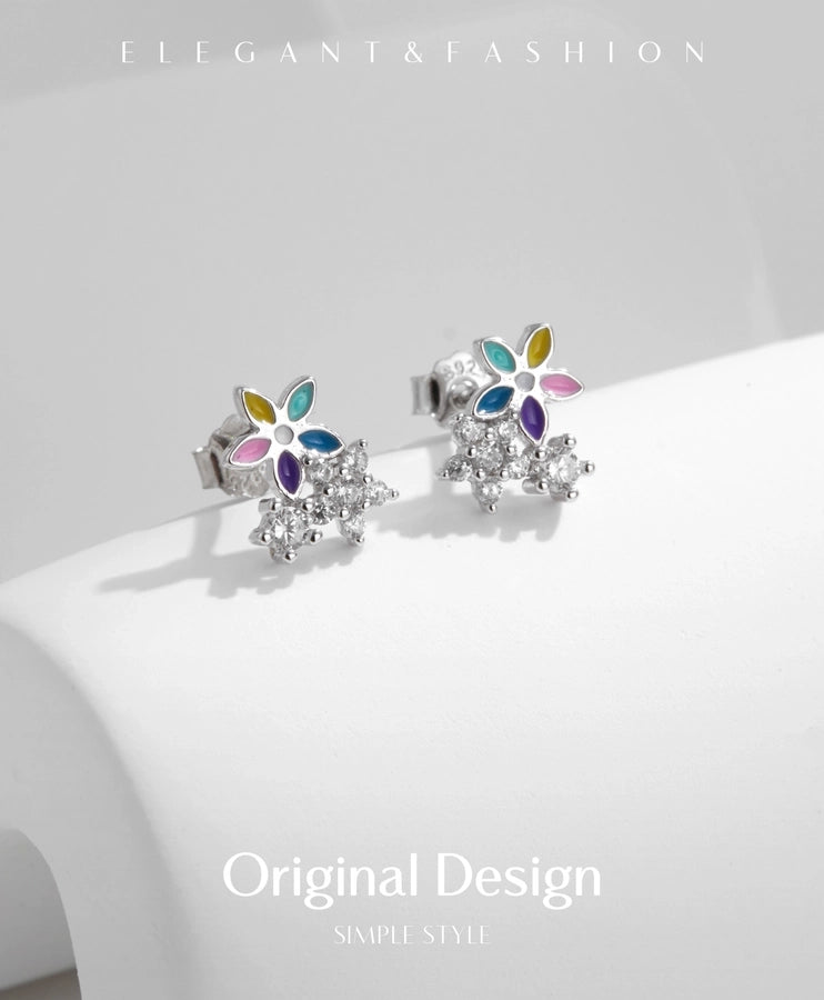 1 Pair Rhodium Plated 925 Sterling Silver Zircon 925 Sterling Silver Earrings Flower Ear Studs