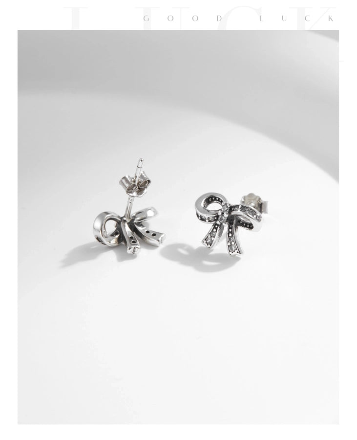 1 Pair Rhodium Plated 925 Sterling Silver Zircon 925 Sterling Silver Earrings Bow Knot Ear Studs