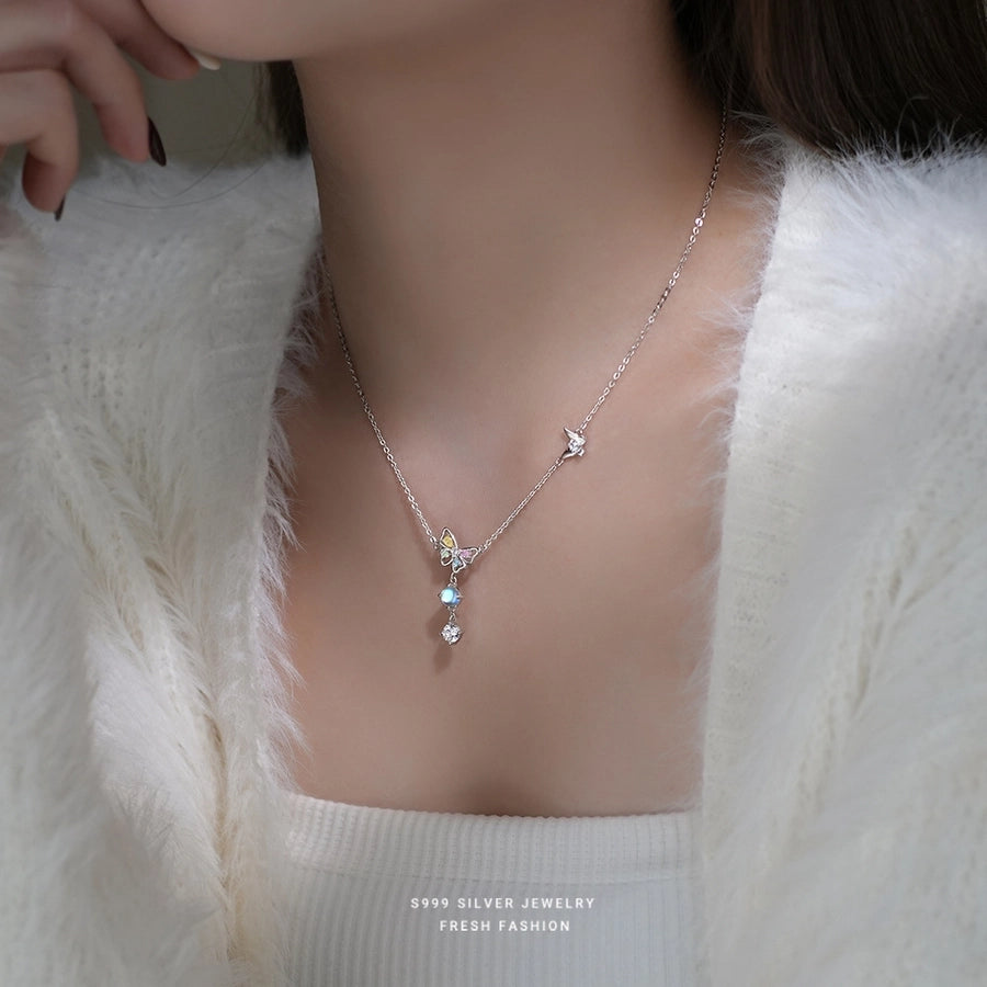 S999 Silver Artificial Moonstone Zircon cable chain Plating Butterfly Pendant Necklace