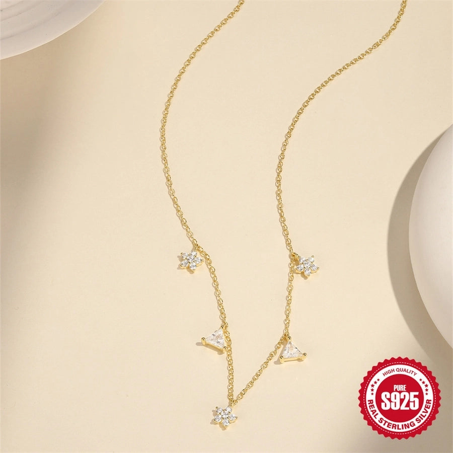 925 Sterling Silver Zircon cable chain Plating Triangle Flower Multi Charms Necklace