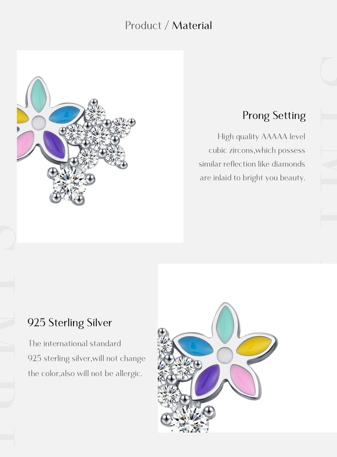 1 Pair Rhodium Plated 925 Sterling Silver Zircon 925 Sterling Silver Earrings Flower Ear Studs