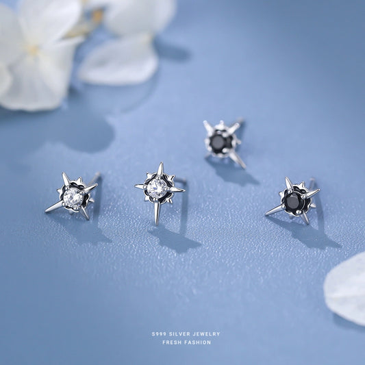 1 Pair S999 Silver Zircon 925 Sterling Silver Earrings Eight awn star Ear Studs