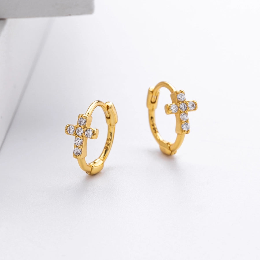 1 Pair 18K Gold Plated White Gold Plated Rhodium Plated 925 Sterling Silver 925 Sterling Silver Zircon 925 Sterling Silver Earrings Cross Earrings