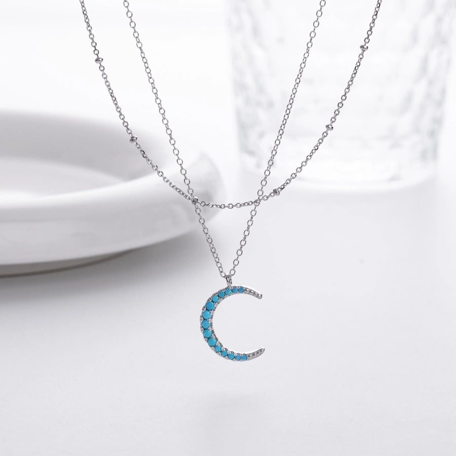 925 Sterling Silver 925 Sterling Silver Rack Plated Plated Long-Lasting Plated Zircon cable chain Inlay Moon Double Layer Necklaces