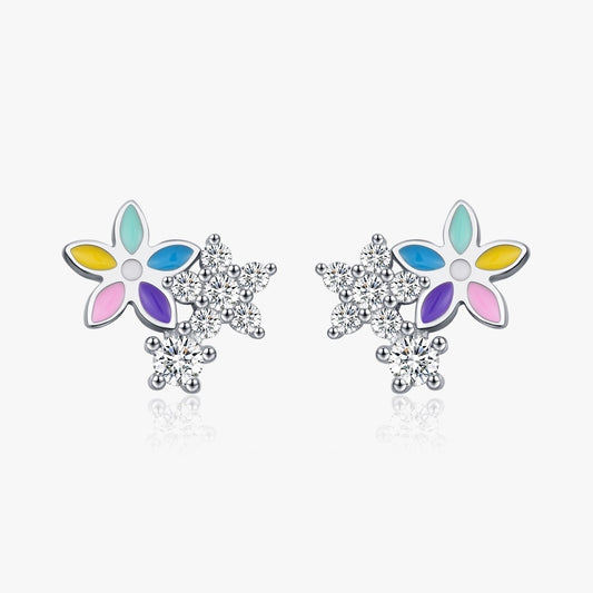 1 Pair Rhodium Plated 925 Sterling Silver Zircon 925 Sterling Silver Earrings Flower Ear Studs