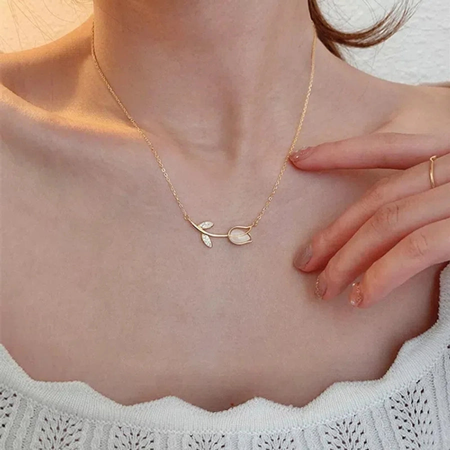 925 Sterling Silver O-shaped chain tulips Pendant Necklace