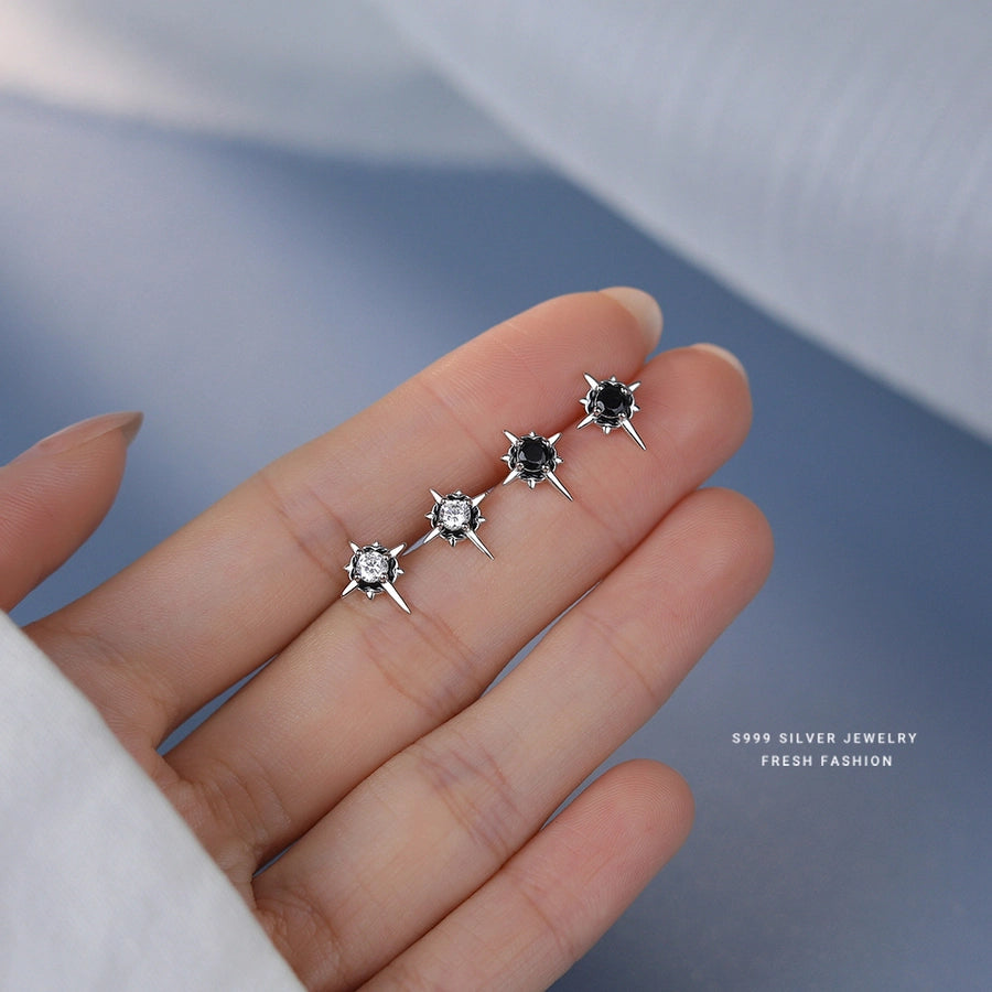 1 Pair S999 Silver Zircon 925 Sterling Silver Earrings Eight awn star Ear Studs