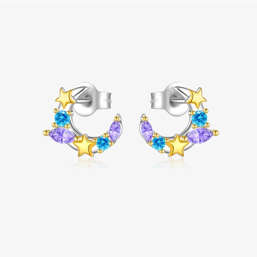 1 Pair 18K Gold Plated White Gold Plated 925 Sterling Silver Zircon 925 Sterling Silver Earrings Star Moon Ear Studs