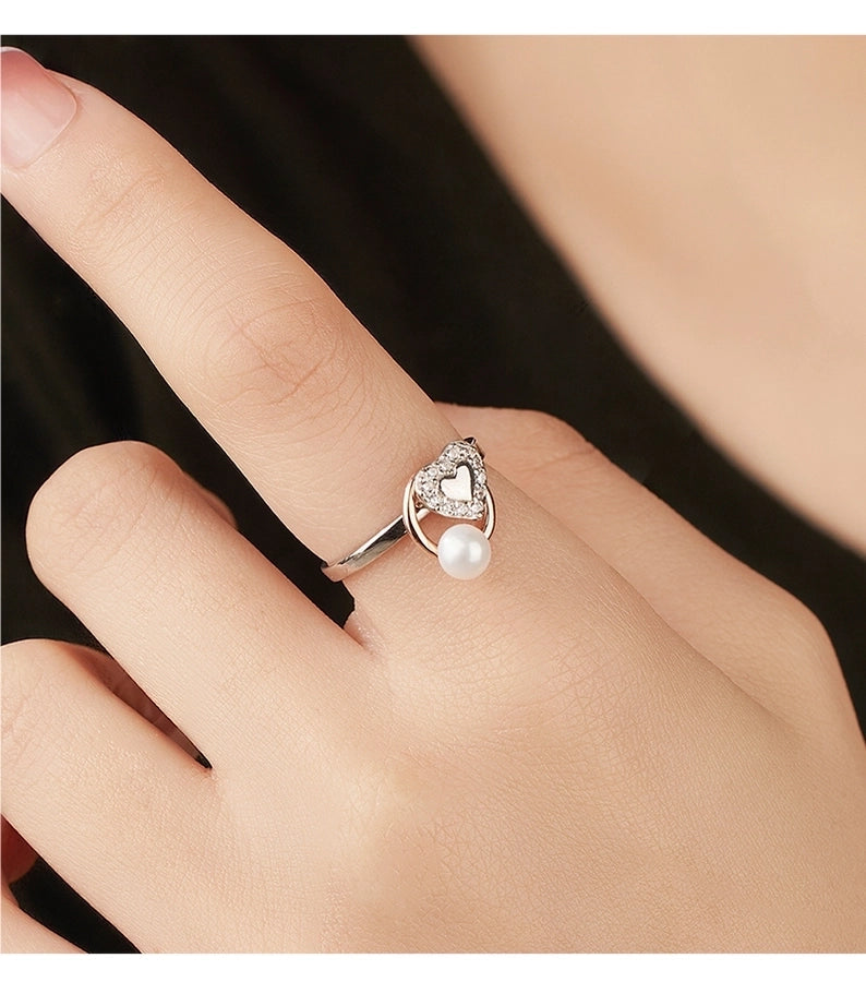 Rose Gold Plated White Gold Plated 925 Sterling Silver Pearl Zircon Heart Shape Open Rings 925 Sterling Silver Rings