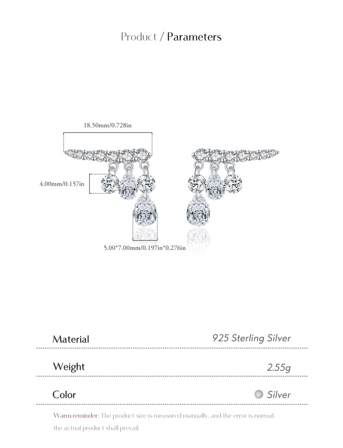 1 Pair Rhodium Plated 925 Sterling Silver Zircon 925 Sterling Silver Earrings Water Droplets Ear Studs