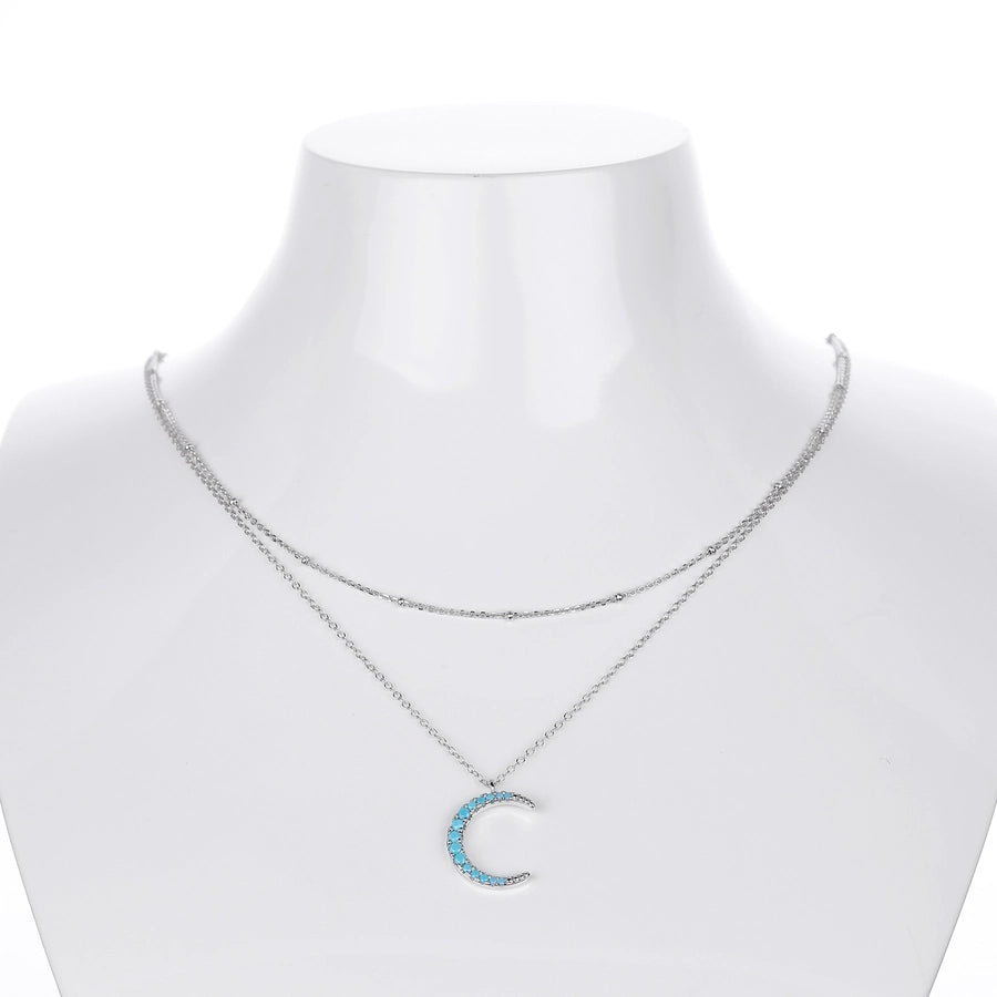 925 Sterling Silver 925 Sterling Silver Rack Plated Plated Long-Lasting Plated Zircon cable chain Inlay Moon Double Layer Necklaces