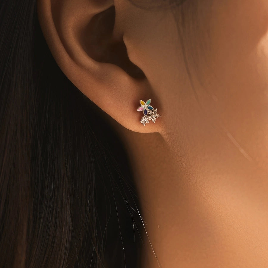 1 Pair Rhodium Plated 925 Sterling Silver Zircon 925 Sterling Silver Earrings Flower Ear Studs