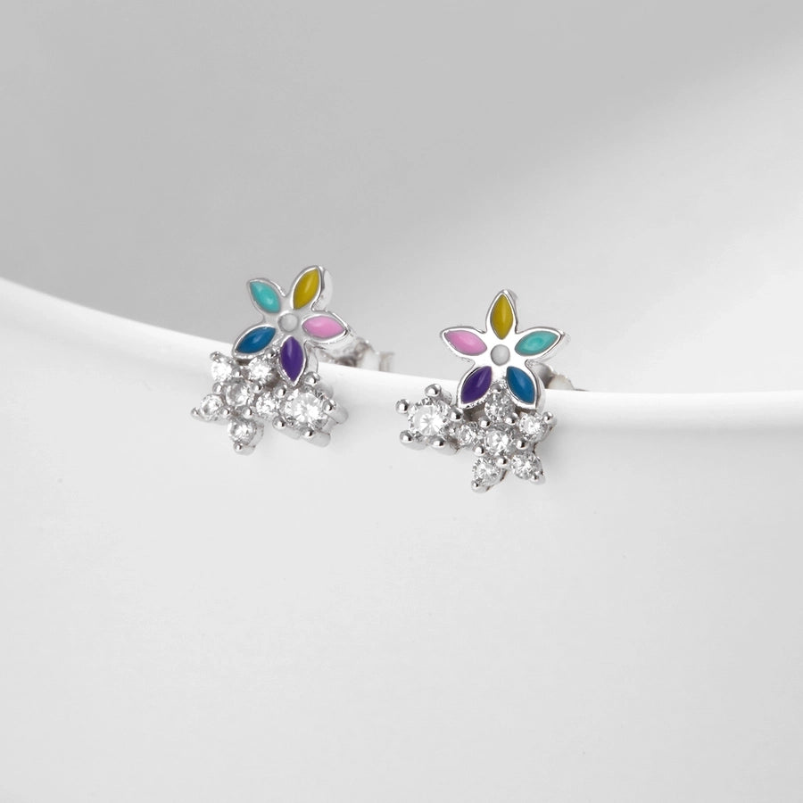 1 Pair Rhodium Plated 925 Sterling Silver Zircon 925 Sterling Silver Earrings Flower Ear Studs