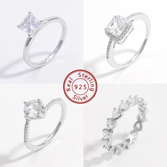 White Gold Plated 925 Sterling Silver Zircon Square Heart Shape Rings 925 Sterling Silver Rings