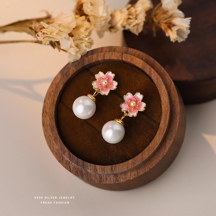 1 Pair S999 Silver Artificial Pearls Glass Bead 925 Sterling Silver Earrings Cherry Blossom Flower Drop Earrings