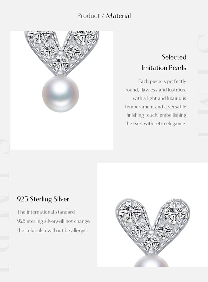 1 Pair Rhodium Plated 925 Sterling Silver Pearl Zircon 925 Sterling Silver Earrings Heart Shape Ear Studs