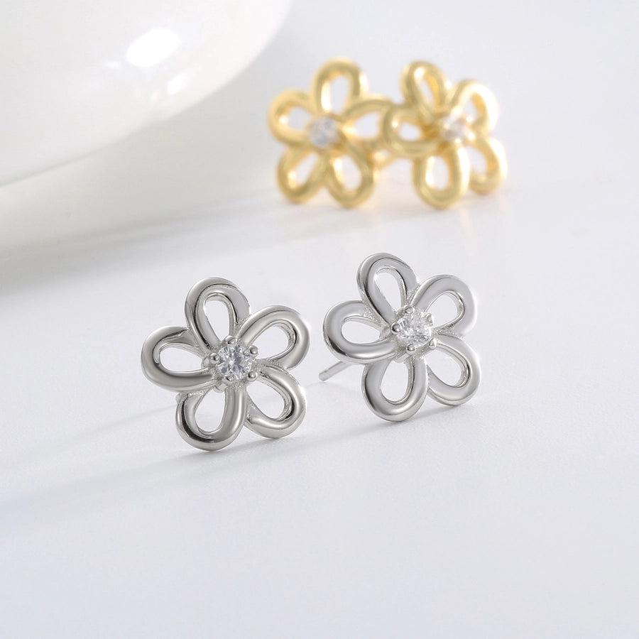 1 Pair 14K Gold Plated 925 Sterling Silver Zircon 925 Sterling Silver Earrings Flower Ear Studs