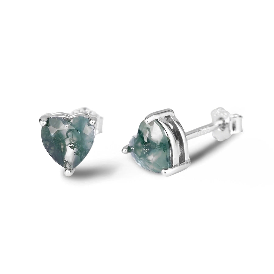 One S925 Sterling Silver Moss Agate Love Heart Stud Earrings Ring Necklace Fresh Water Plants Agate Heart-Shaped Vintage Fine Jewelry Suit