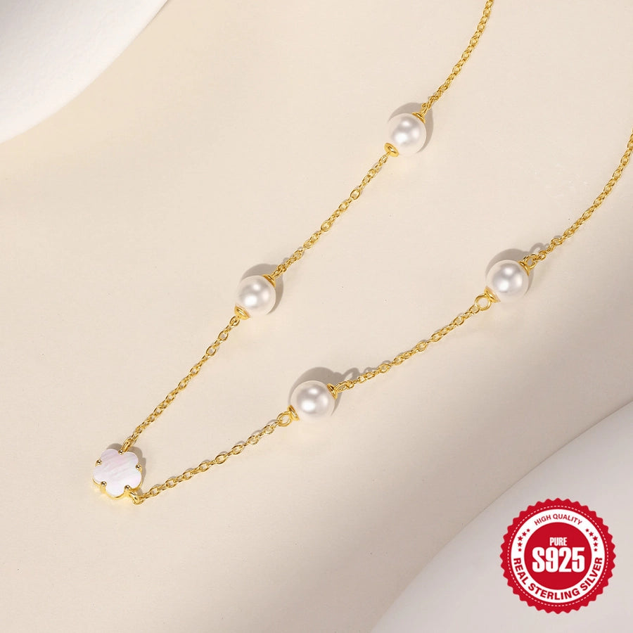 S925 Sterling Silver Pearl Five Petal Flower White Shell Temperament Necklace, Bracelet Set Korean Style Niche High Sense Bracelet Necklace