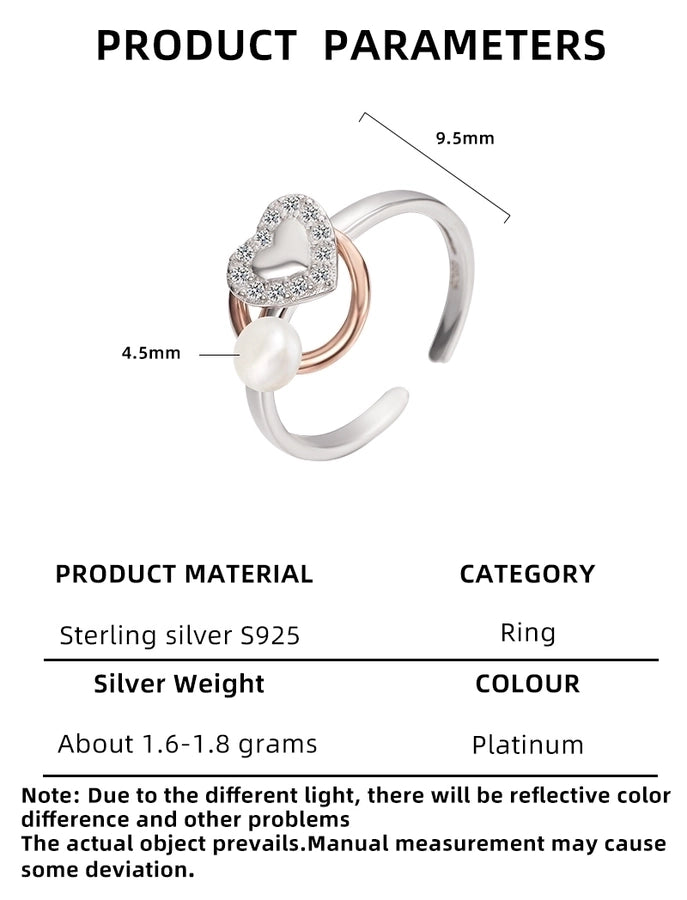 Rose Gold Plated White Gold Plated 925 Sterling Silver Pearl Zircon Heart Shape Open Rings 925 Sterling Silver Rings