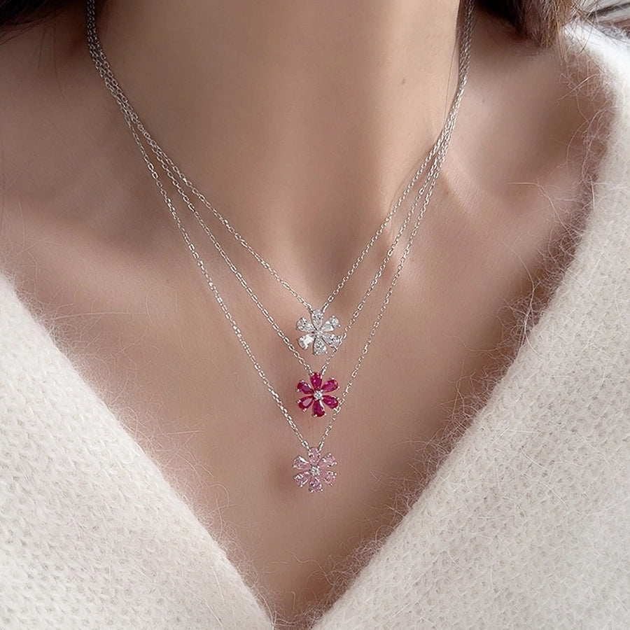 925 Sterling Silver Zircon cable chain Flower Pendant Necklace