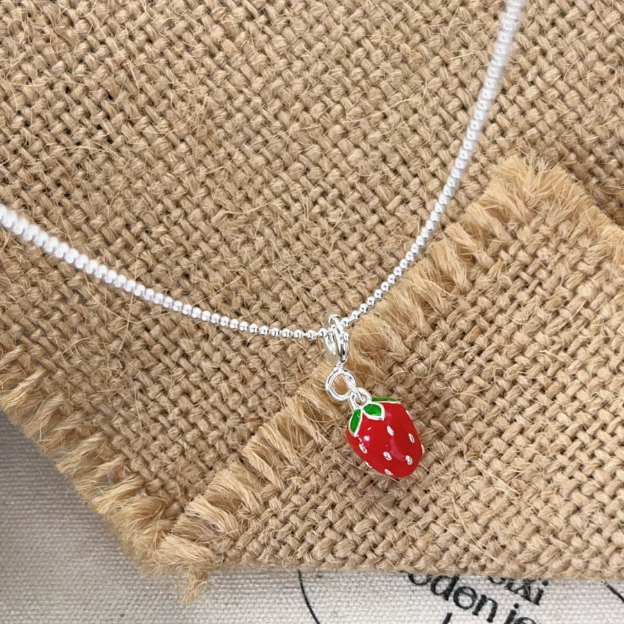 925 Sterling Silver ball chain Enamel Fruit Strawberry Pendant Necklace