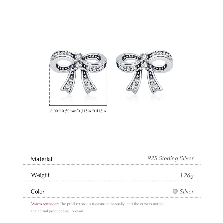 1 Pair Rhodium Plated 925 Sterling Silver Zircon 925 Sterling Silver Earrings Bow Knot Ear Studs