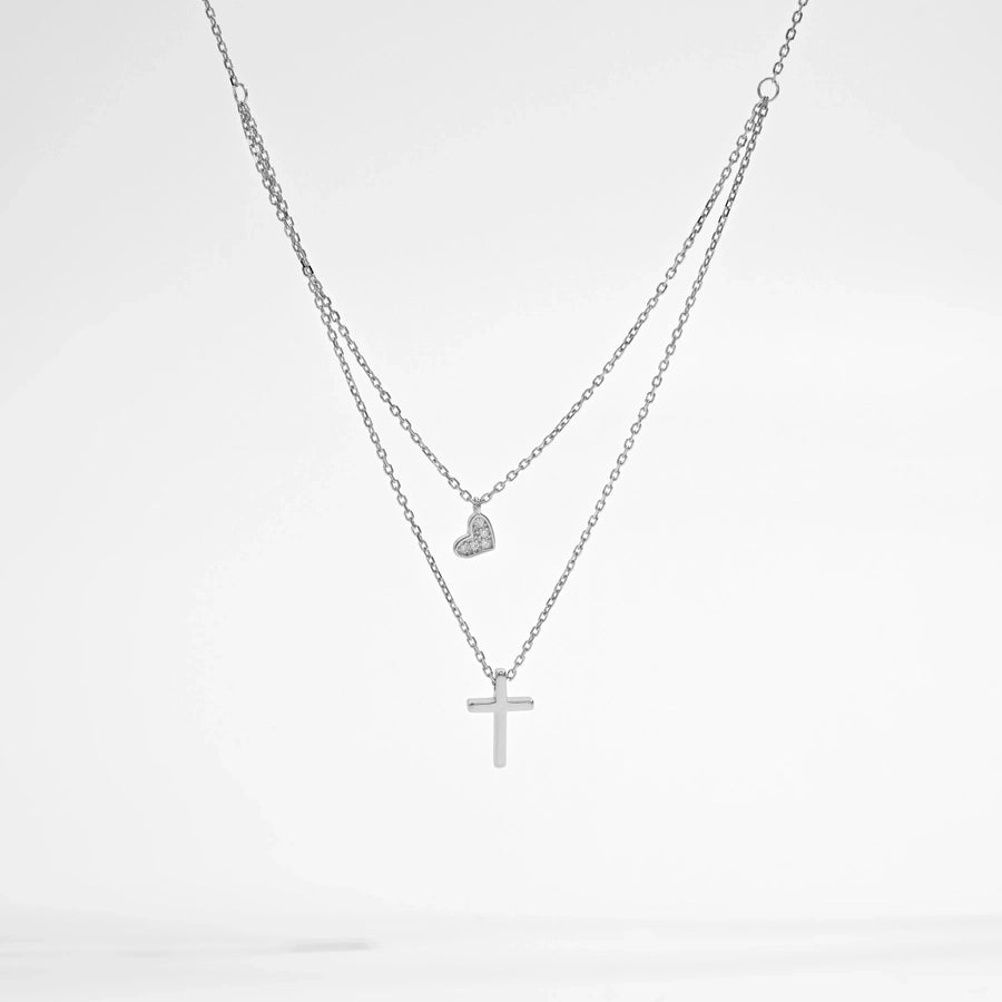 925 Sterling Silver Plated Zircon cable chain Cross Heart Shape Double Layer Necklaces Pendant Necklace