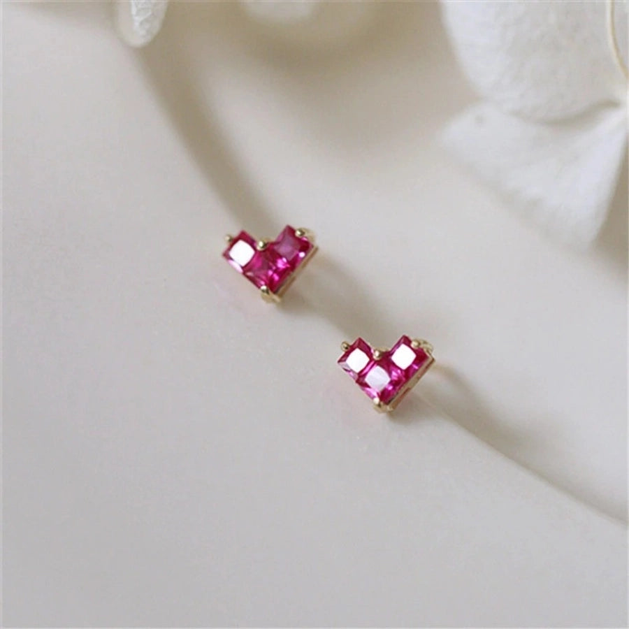 1 Pair 925 Sterling Silver Zircon 925 Sterling Silver Earrings Heart Shape Ear Studs