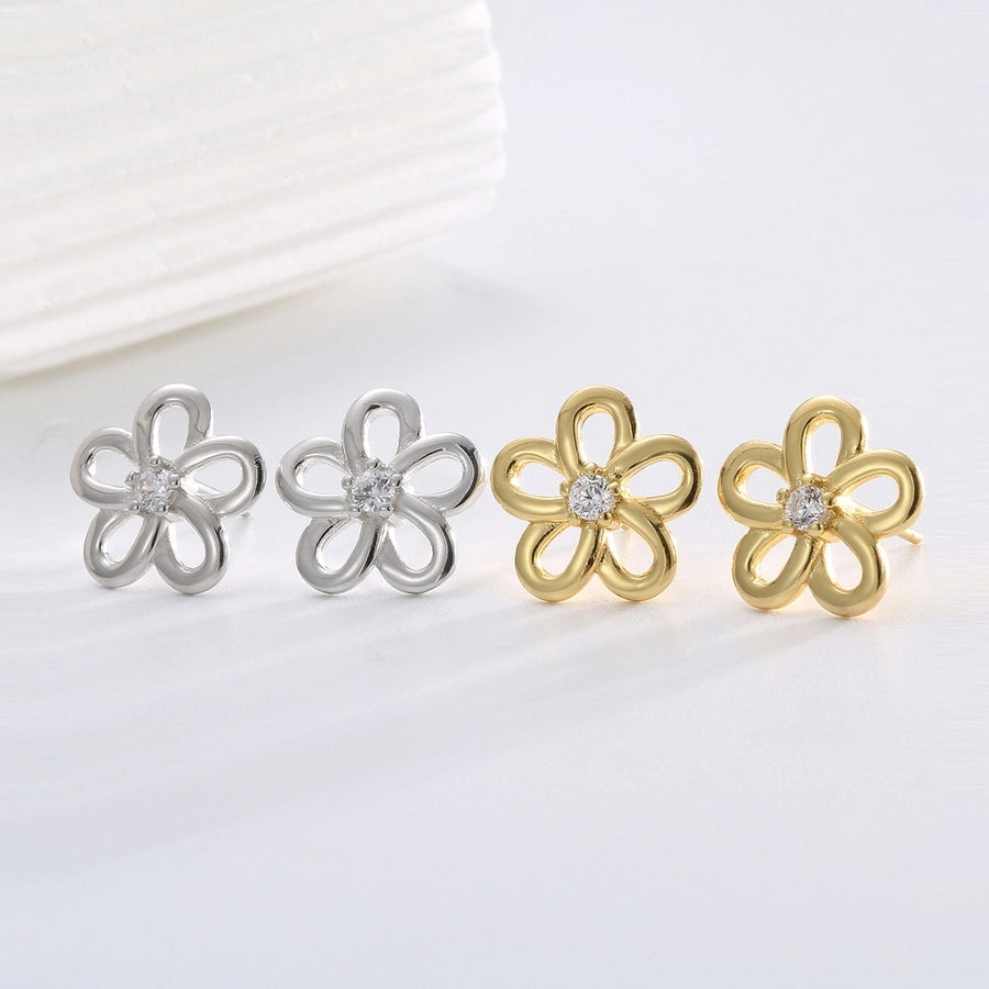 1 Pair 14K Gold Plated 925 Sterling Silver Zircon 925 Sterling Silver Earrings Flower Ear Studs