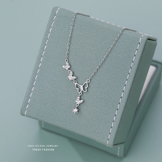 925 Sterling Silver Zircon cable chain Hollow Out Inlay Butterfly Pendant Necklace