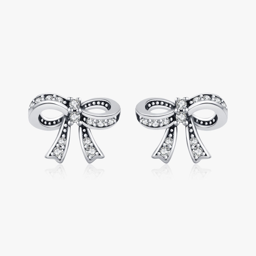 1 Pair Rhodium Plated 925 Sterling Silver Zircon 925 Sterling Silver Earrings Bow Knot Ear Studs