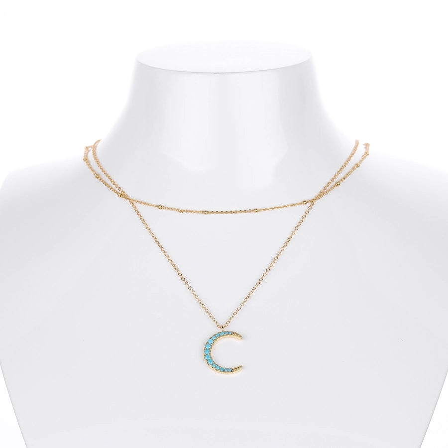 925 Sterling Silver 925 Sterling Silver Rack Plated Plated Long-Lasting Plated Zircon cable chain Inlay Moon Double Layer Necklaces