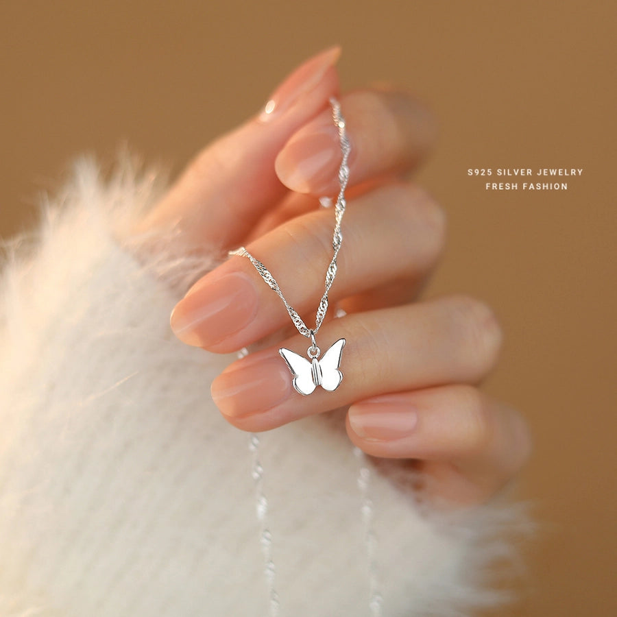 925 Sterling Silver Singapore chain Plating Butterfly Pendant Necklace