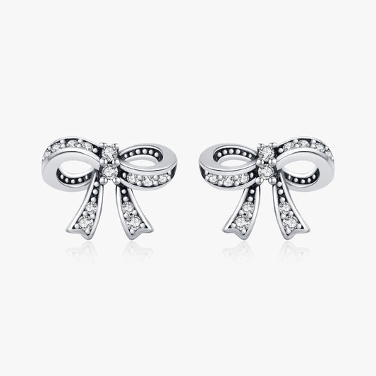 1 Pair Rhodium Plated 925 Sterling Silver Zircon 925 Sterling Silver Earrings Bow Knot Ear Studs