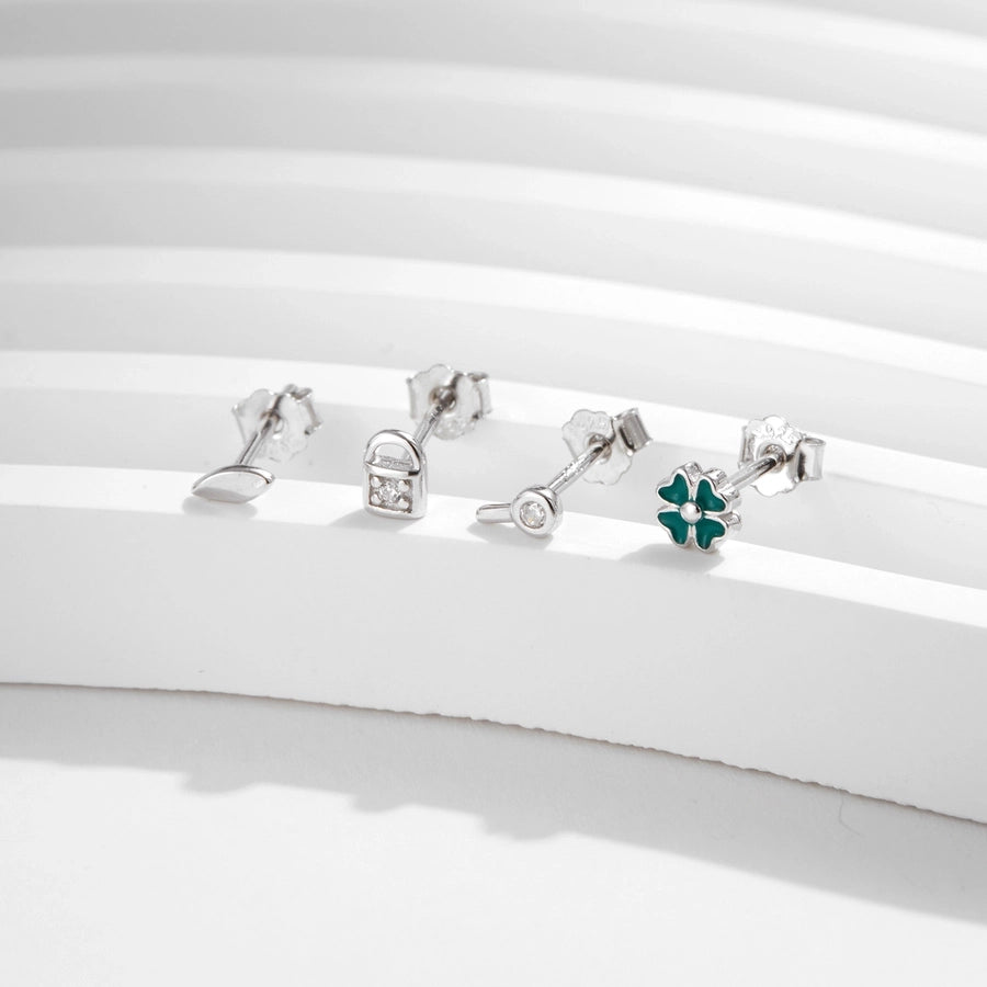 4 Pieces Rhodium Plated 925 Sterling Silver Zircon 925 Sterling Silver Earrings Four Leaf Clover Key Lock Ear Studs