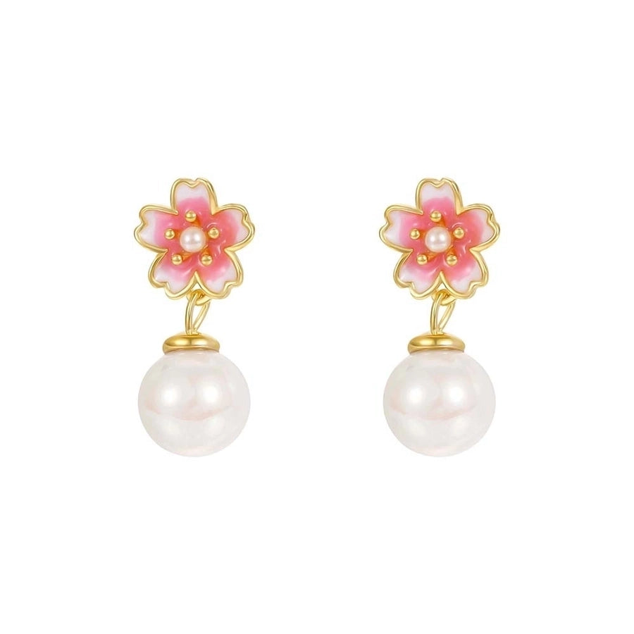 1 Pair S999 Silver Artificial Pearls Glass Bead 925 Sterling Silver Earrings Cherry Blossom Flower Drop Earrings