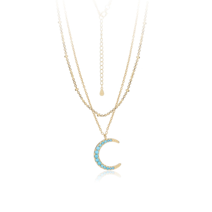 925 Sterling Silver 925 Sterling Silver Rack Plated Plated Long-Lasting Plated Zircon cable chain Inlay Moon Double Layer Necklaces