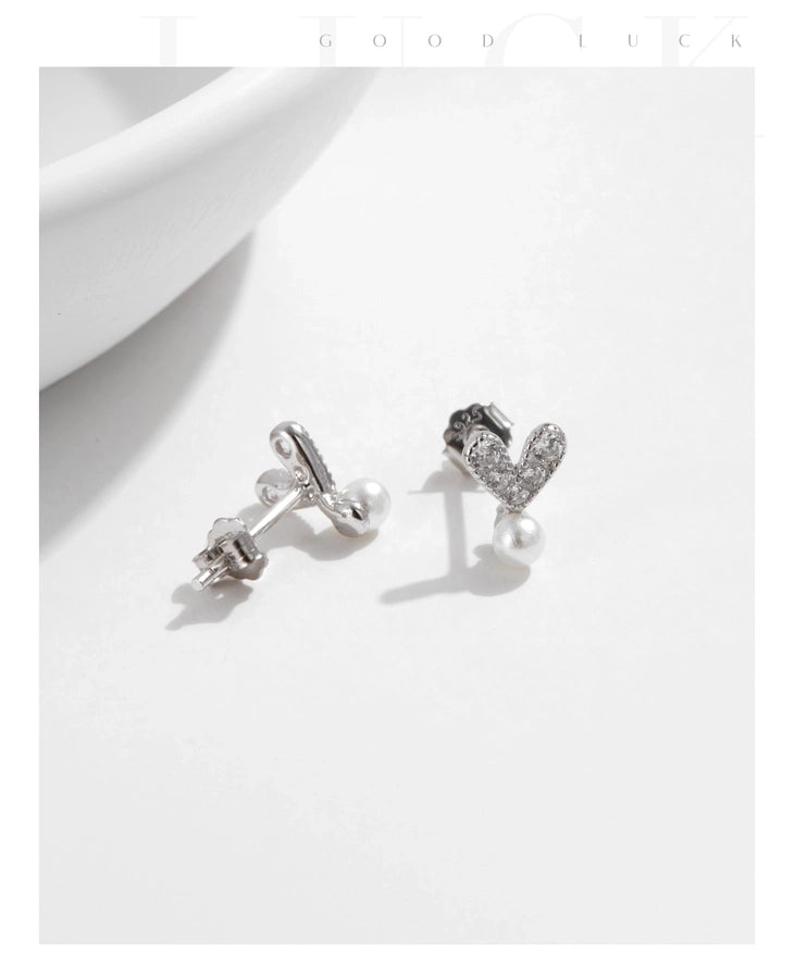 1 Pair Rhodium Plated 925 Sterling Silver Pearl Zircon 925 Sterling Silver Earrings Heart Shape Ear Studs