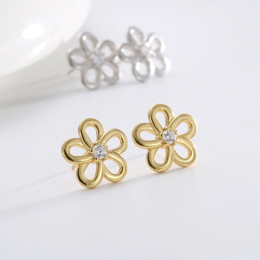 1 Pair 14K Gold Plated 925 Sterling Silver Zircon 925 Sterling Silver Earrings Flower Ear Studs